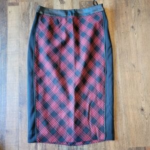 The Limited Black Red Plaid With Faux Leather Trim Pencil Skirt